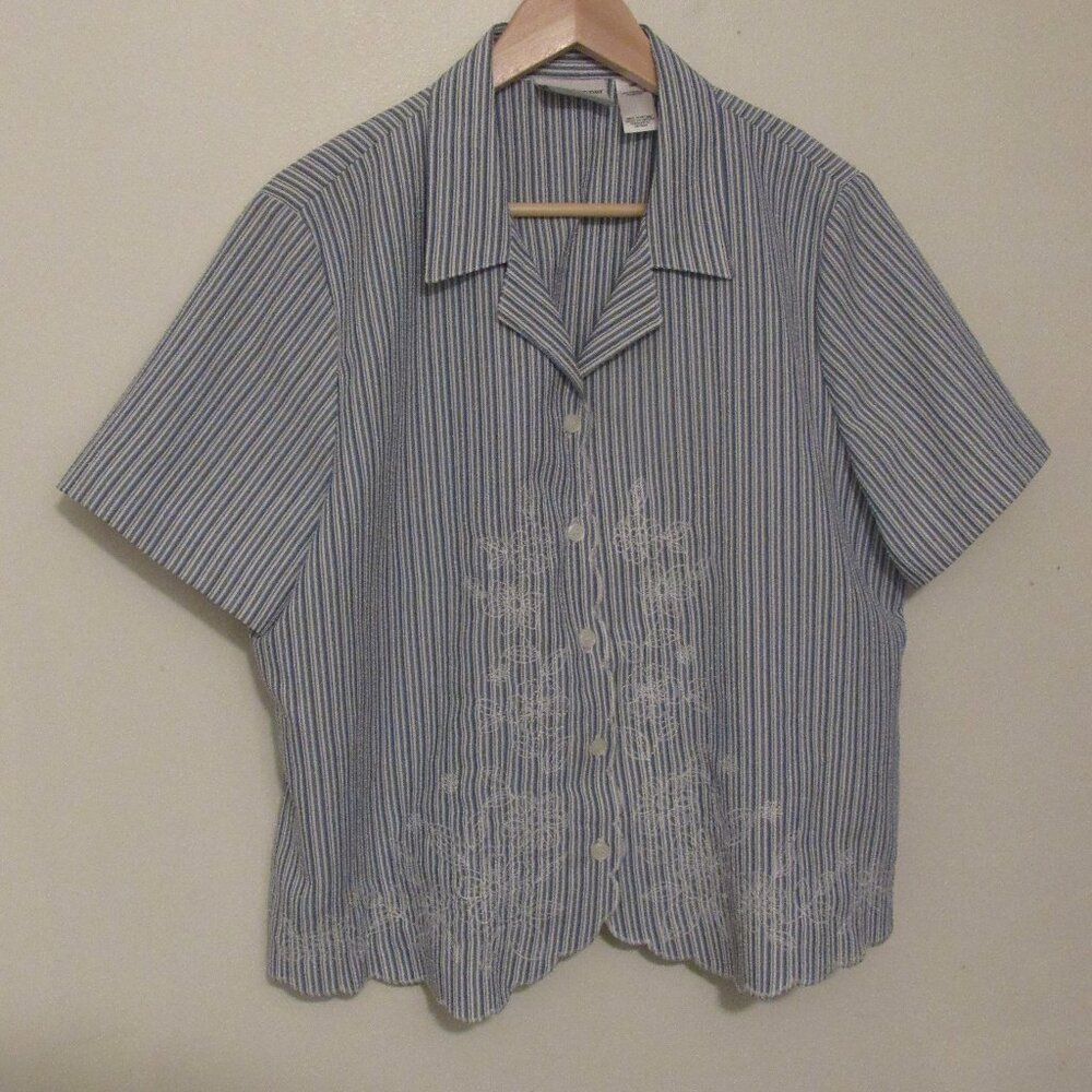 Alfred Dunner Womens Petite 16P Blue Striped Embroidered Casual Sleeve Shirt